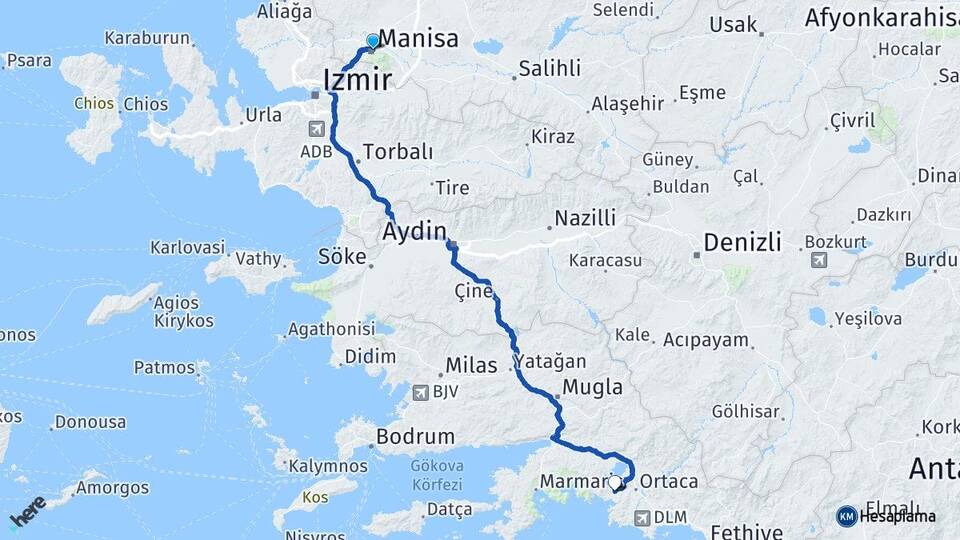 Manisa Dalyan Ortaca Muğla Arası Kaç Km - Yol Haritası