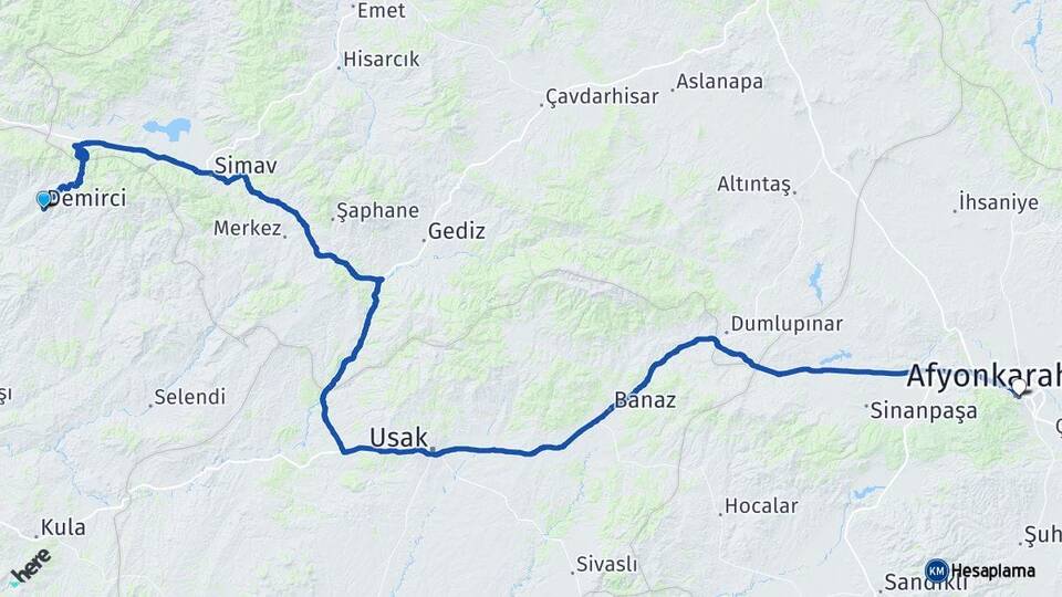 Manisa Demirci Afyonkarahisar Arası Kaç Km - Yol Haritası