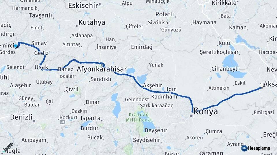 Manisa Demirci Aksaray Arası Kaç Km - Yol Haritası