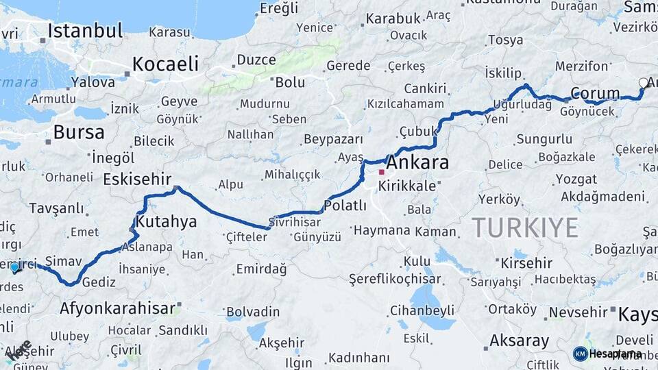 Manisa Demirci Amasya Arası Kaç Km - Yol Haritası