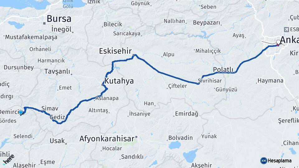 Manisa Demirci Ankara Arası Kaç Km - Yol Haritası