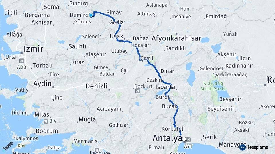 Manisa Demirci Antalya Arası Kaç Km - Yol Haritası