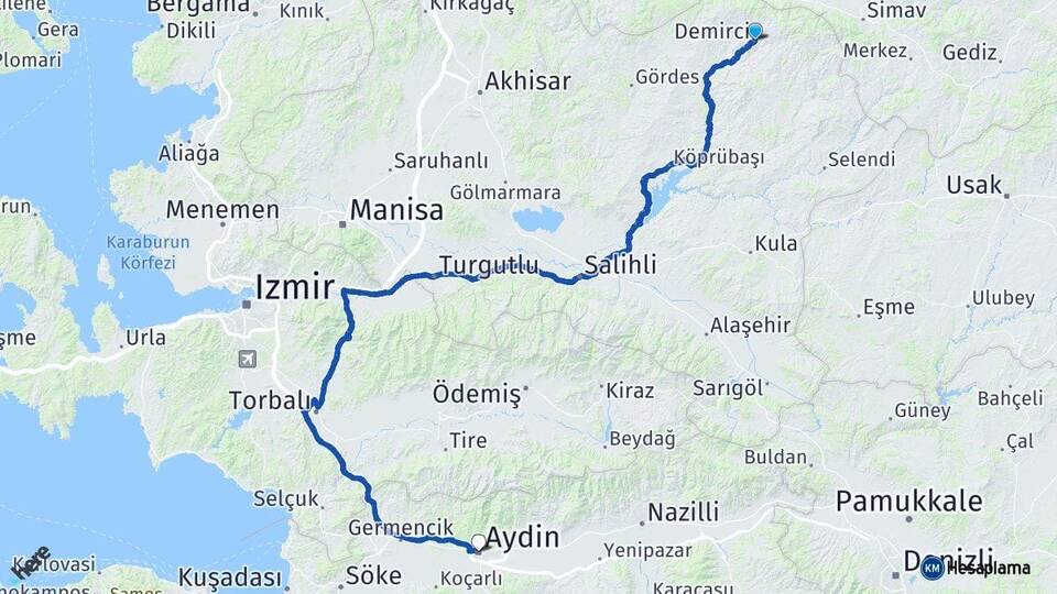 Manisa Demirci Aydın Arası Kaç Km - Yol Haritası