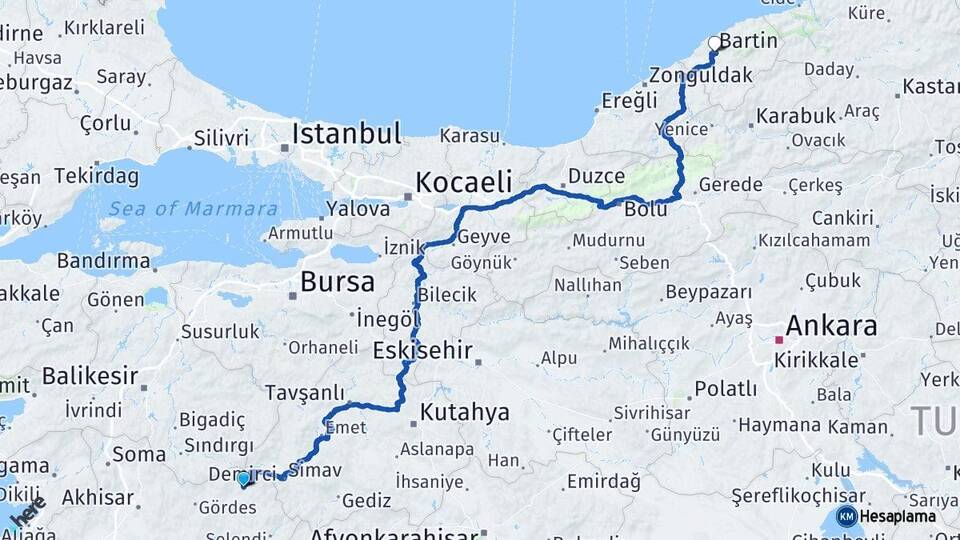 Manisa Demirci Bartın Arası Kaç Km - Yol Haritası