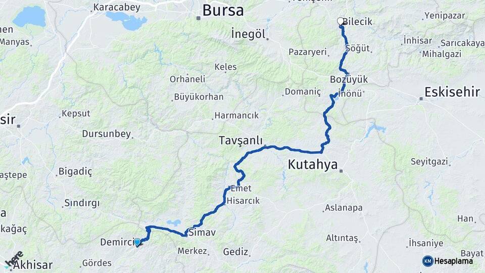 Manisa Demirci Bilecik Arası Kaç Km - Yol Haritası