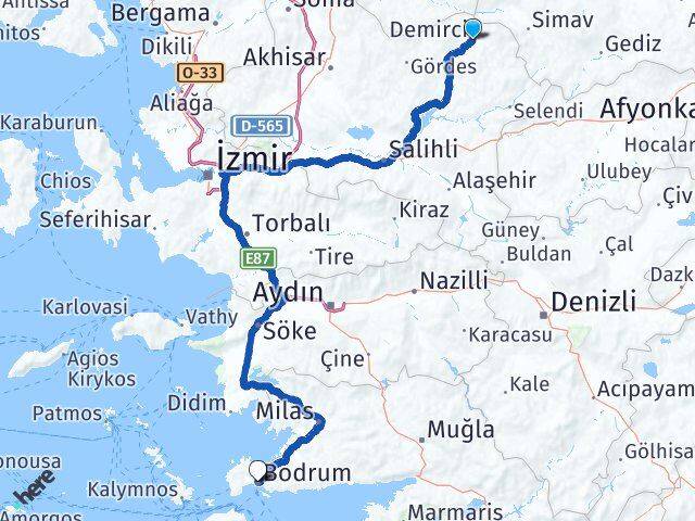 Manisa Demirci Bodrum Muğla Arası Kaç Km - Yol Haritası