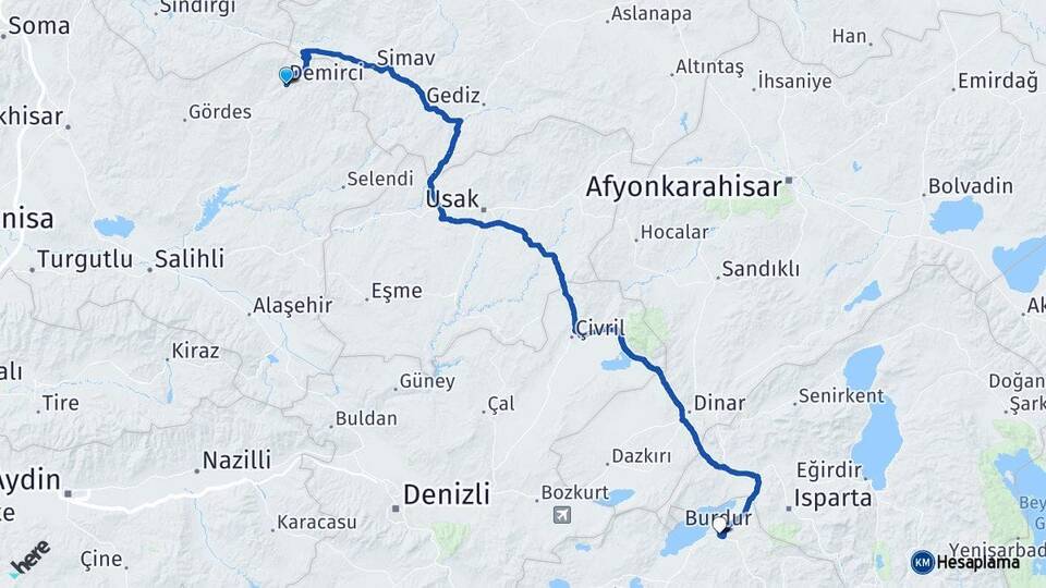 Manisa Demirci Burdur Arası Kaç Km - Yol Haritası
