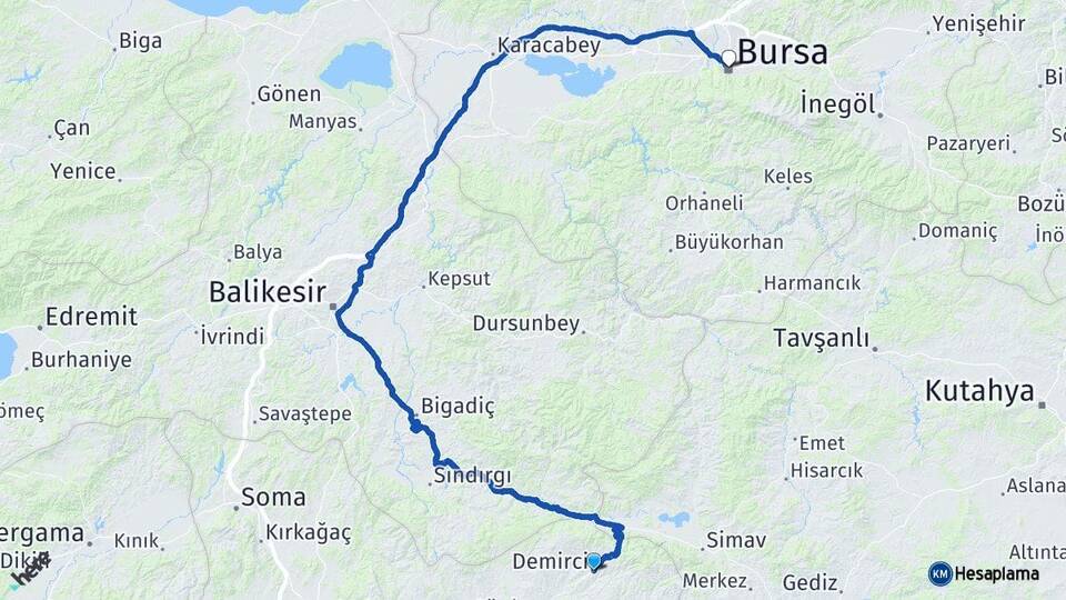Manisa Demirci Bursa Arası Kaç Km - Yol Haritası