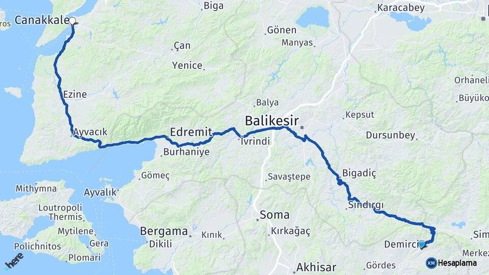 Manisa Demirci Çanakkale Arası Kaç Km - Yol Haritası