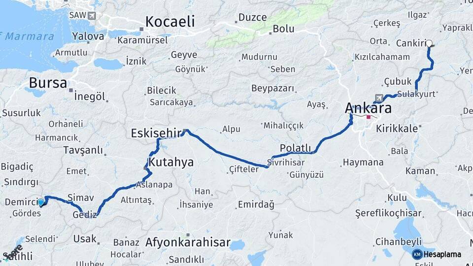 Manisa Demirci Çankırı Arası Kaç Km - Yol Haritası