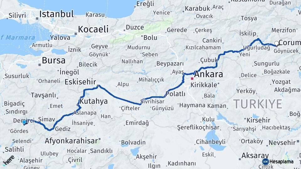 Manisa Demirci Çorum Arası Kaç Km - Yol Haritası