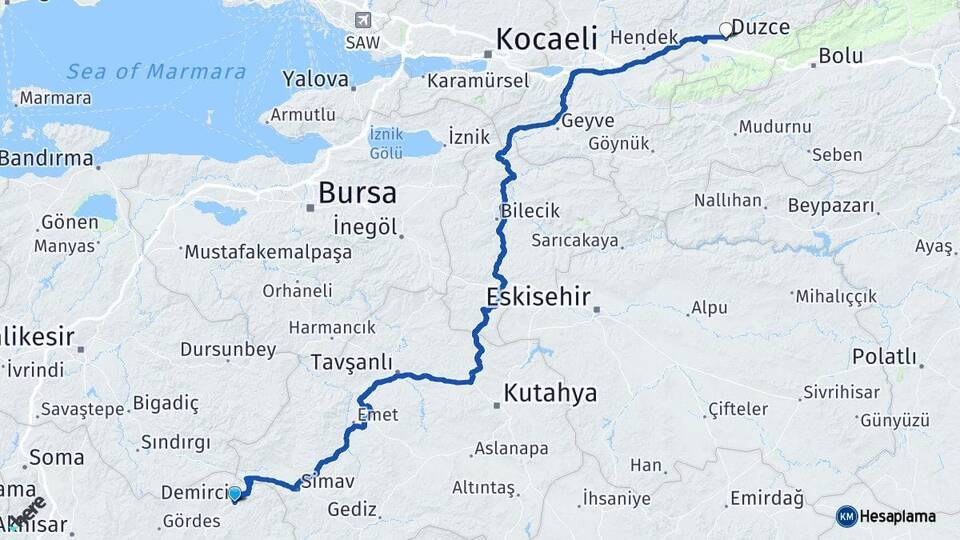 Manisa Demirci Düzce Arası Kaç Km - Yol Haritası