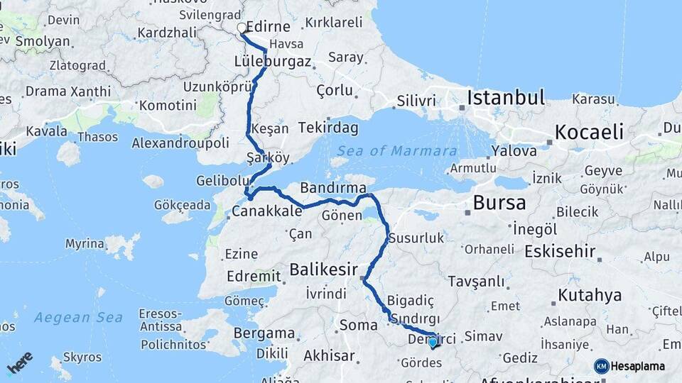 Manisa Demirci Edirne Arası Kaç Km - Yol Haritası
