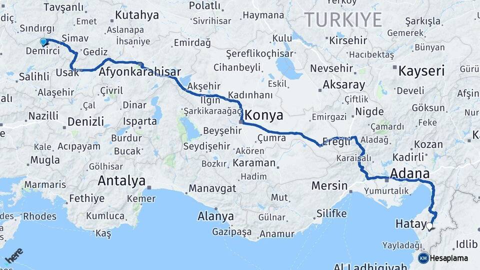 Manisa Demirci Hatay Arası Kaç Km - Yol Haritası