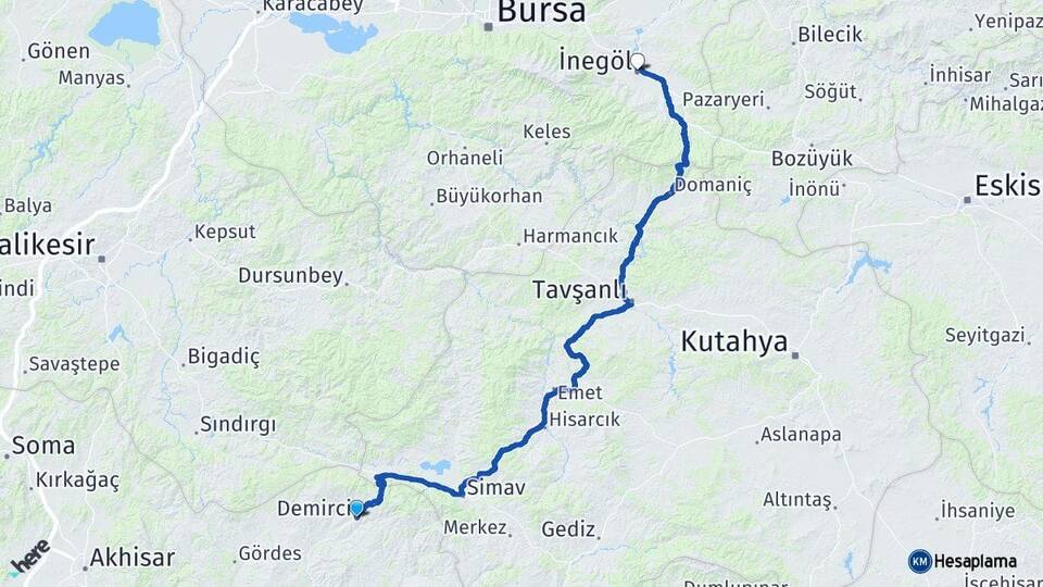 Manisa Demirci İnegöl Bursa Arası Kaç Km - Yol Haritası
