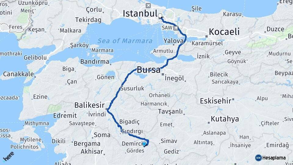 Manisa Demirci İstanbul Arası Kaç Km - Yol Haritası