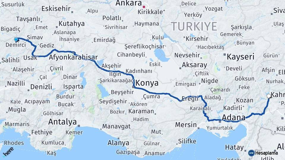 Manisa Demirci Kahramanmaraş Arası Kaç Km - Yol Haritası