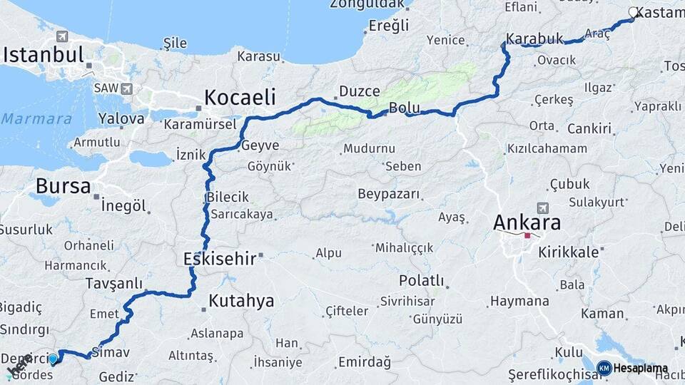 Manisa Demirci Kastamonu Arası Kaç Km - Yol Haritası
