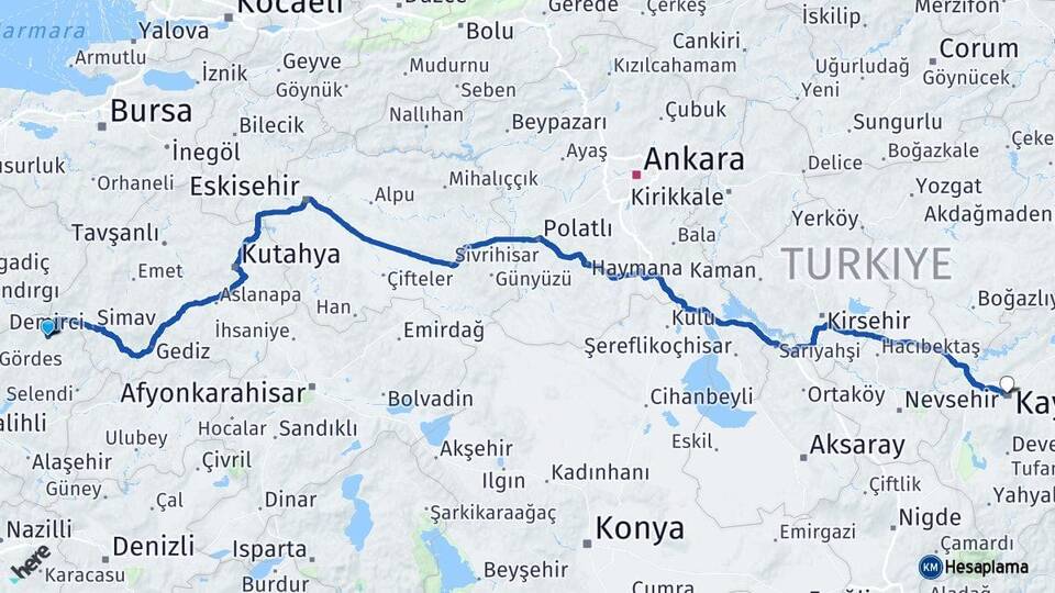 Manisa Demirci Kayseri Arası Kaç Km - Yol Haritası