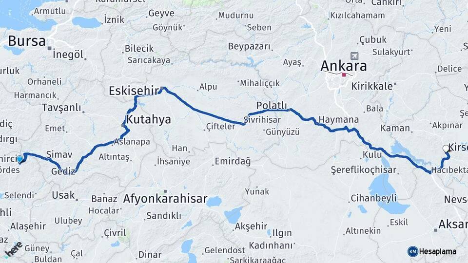 Manisa Demirci Kırşehir Arası Kaç Km - Yol Haritası