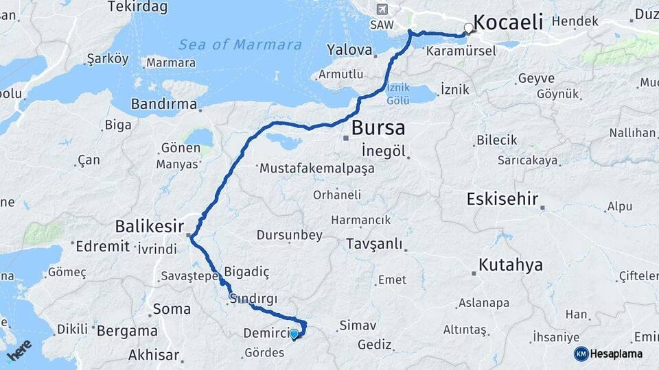 Manisa Demirci Kocaeli Arası Kaç Km - Yol Haritası