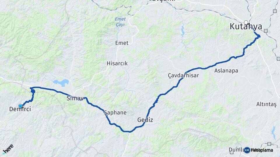 Manisa Demirci Kütahya Arası Kaç Km - Yol Haritası