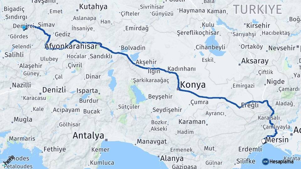 Manisa Demirci Mersin Arası Kaç Km - Yol Haritası
