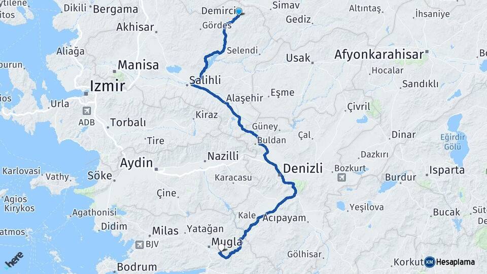 Manisa Demirci Muğla Arası Kaç Km - Yol Haritası