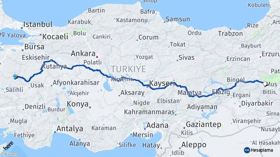 Manisa Demirci Muş Arası Kaç Km - Yol Haritası