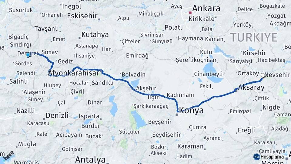 Manisa Demirci Nevşehir Arası Kaç Km - Yol Haritası