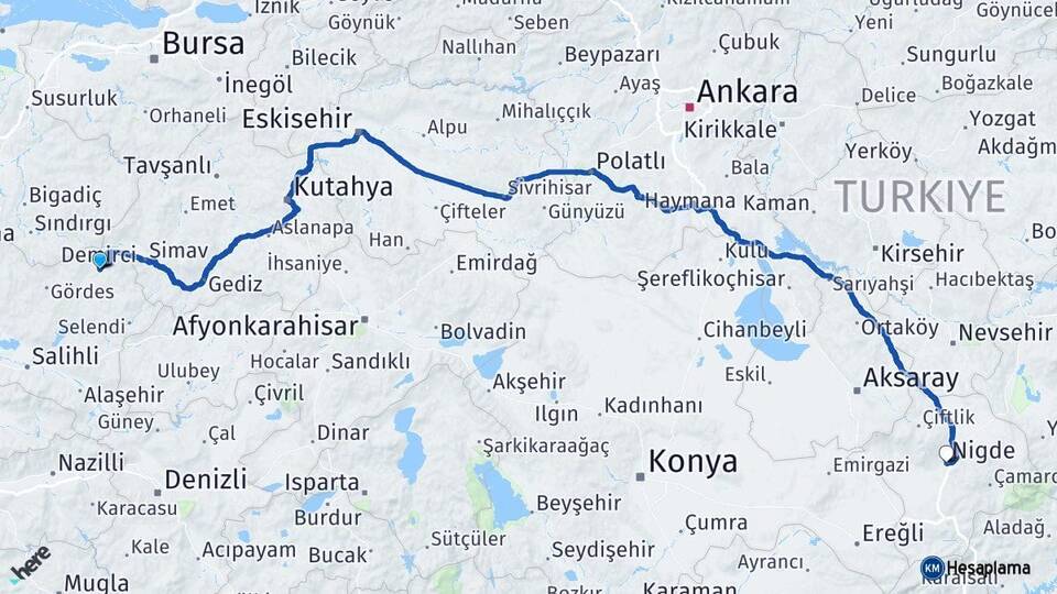 Manisa Demirci Niğde Arası Kaç Km - Yol Haritası