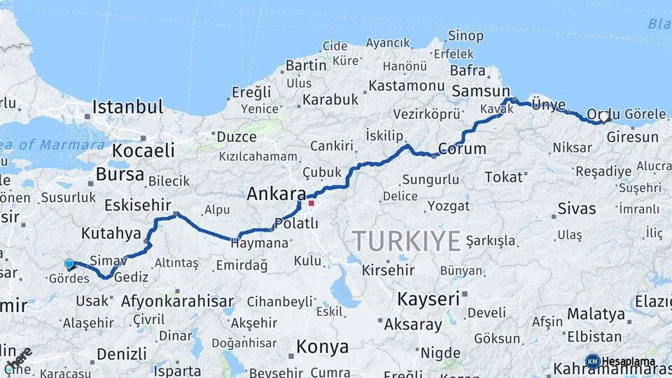 Manisa Demirci Ordu Arası Kaç Km - Yol Haritası