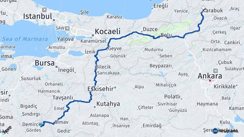Manisa Demirci Safranbolu Karabük Arası Kaç Km - Yol Haritası