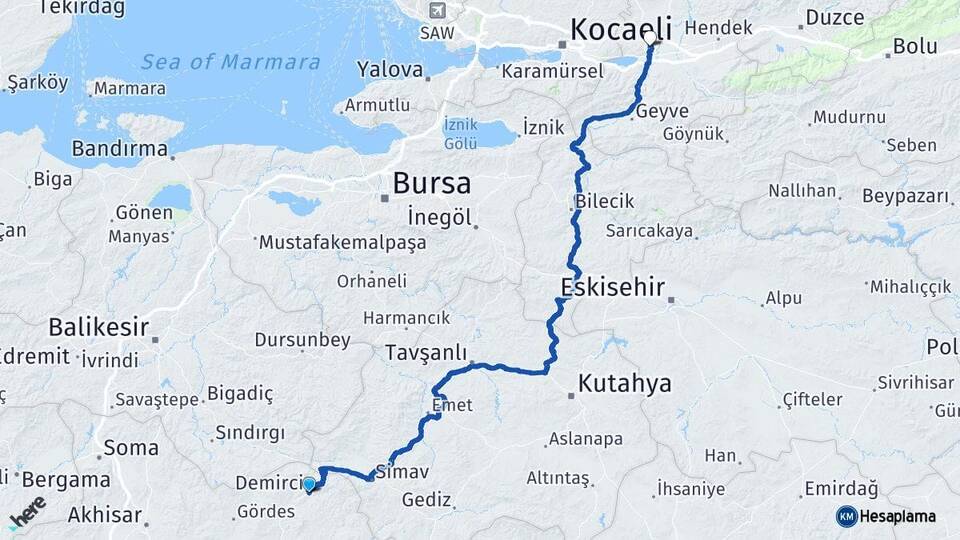 Manisa Demirci Sakarya Arası Kaç Km - Yol Haritası