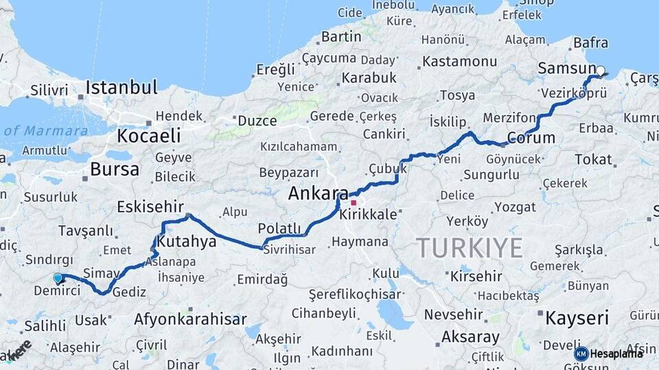 Manisa Demirci Samsun Arası Kaç Km - Yol Haritası