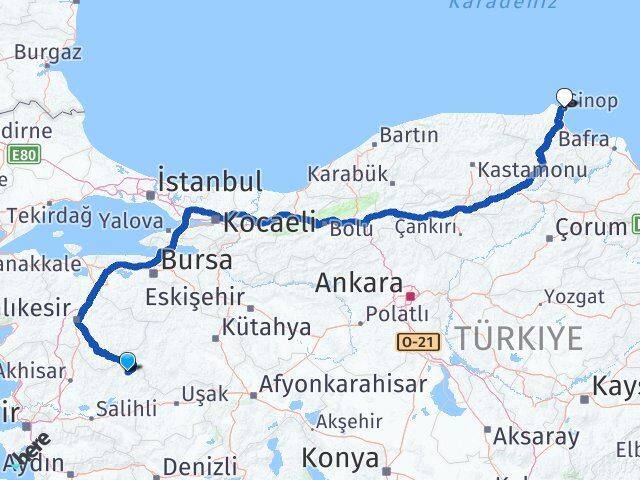Manisa Demirci Sinop Arası Kaç Km - Yol Haritası