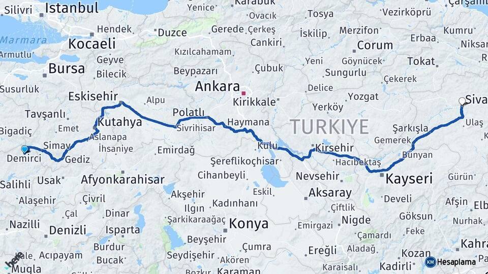 Manisa Demirci Sivas Arası Kaç Km - Yol Haritası