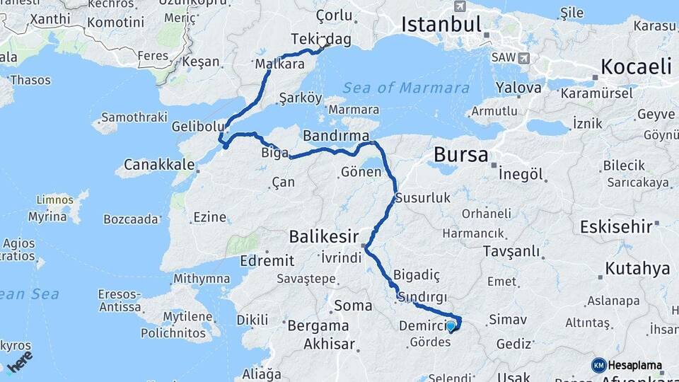 Manisa Demirci Tekirdağ Arası Kaç Km - Yol Haritası