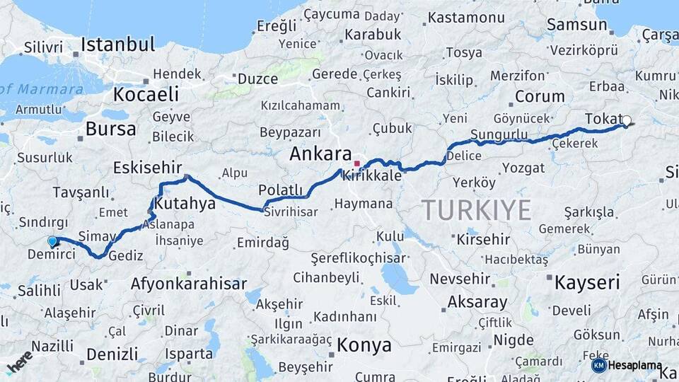 Manisa Demirci Tokat Arası Kaç Km - Yol Haritası