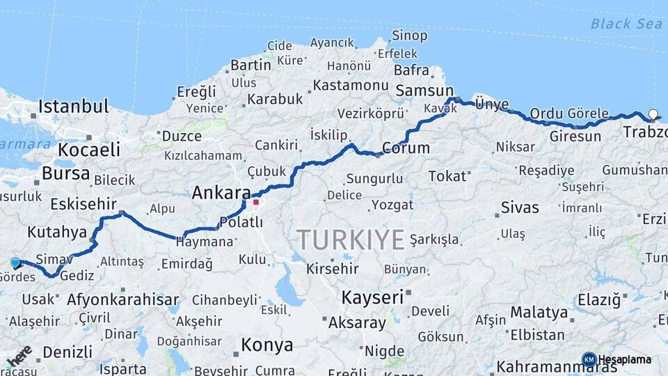 Manisa Demirci Trabzon Arası Kaç Km - Yol Haritası