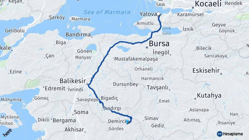 Manisa Demirci Yalova Arası Kaç Km - Yol Haritası