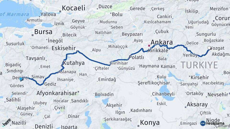 Manisa Demirci Yozgat Arası Kaç Km - Yol Haritası