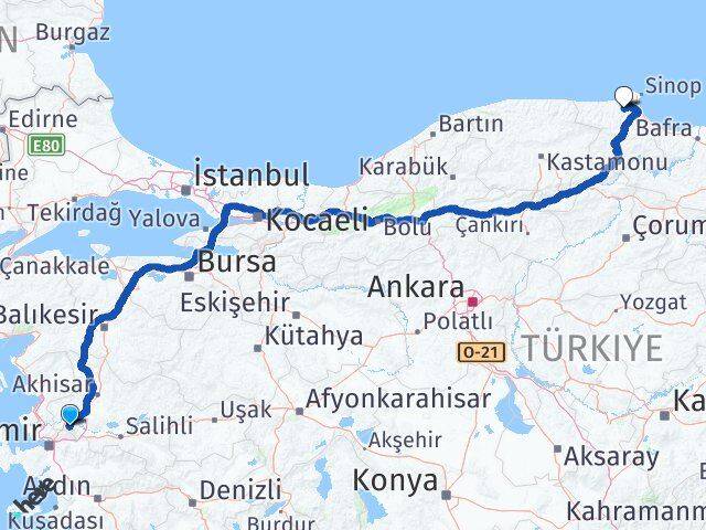 Manisa Erfelek Sinop Arası Kaç Km - Yol Haritası