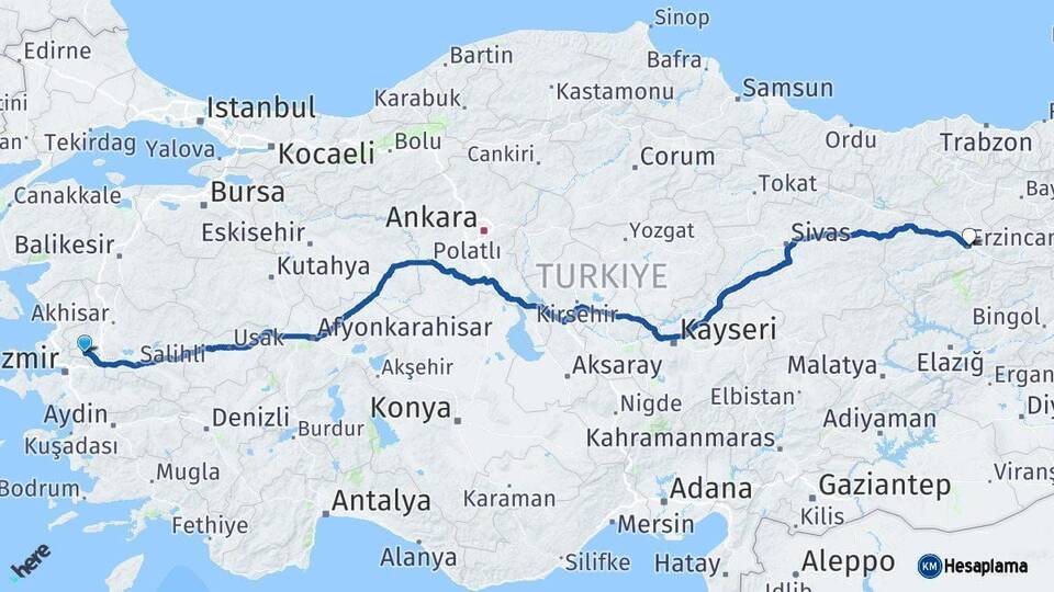 Manisa Erzincan Arası Kaç Km - Yol Haritası
