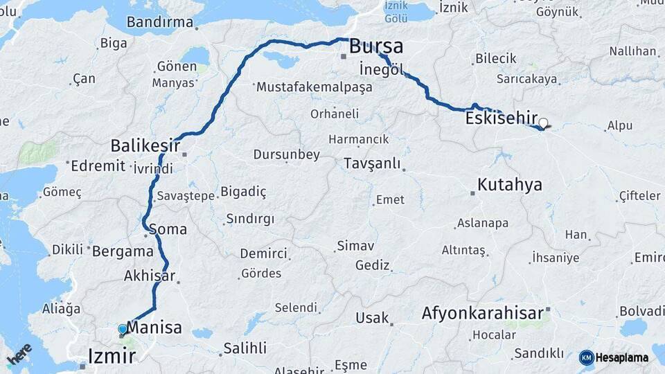 Manisa Eskişehir Arası Kaç Km - Yol Haritası