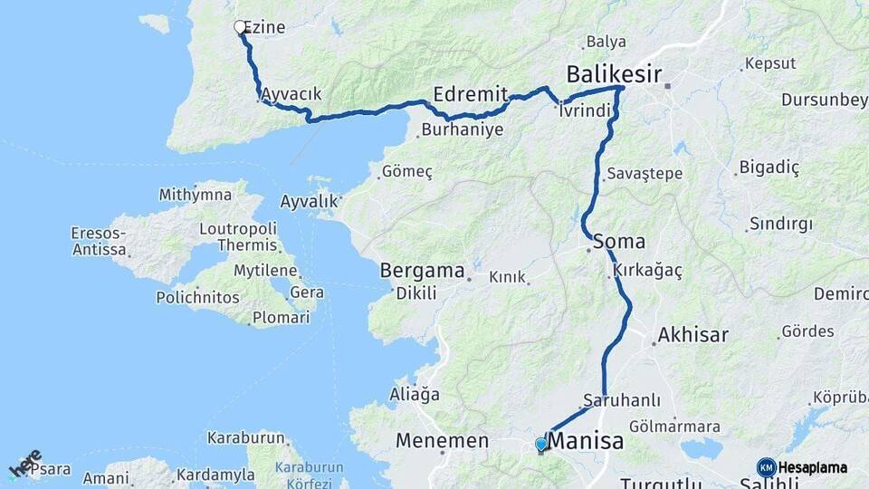 Manisa Ezine Çanakkale Arası Kaç Km - Yol Haritası