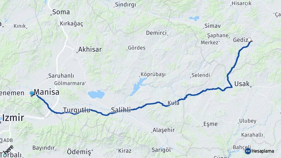 Manisa Gediz Kütahya Arası Kaç Km - Yol Haritası