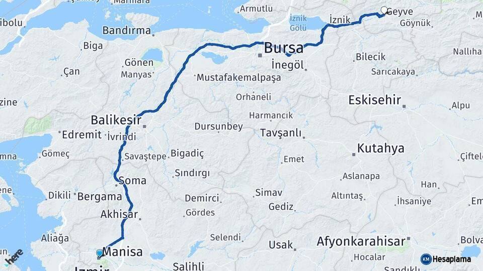 Manisa Geyve Sakarya Arası Kaç Km - Yol Haritası