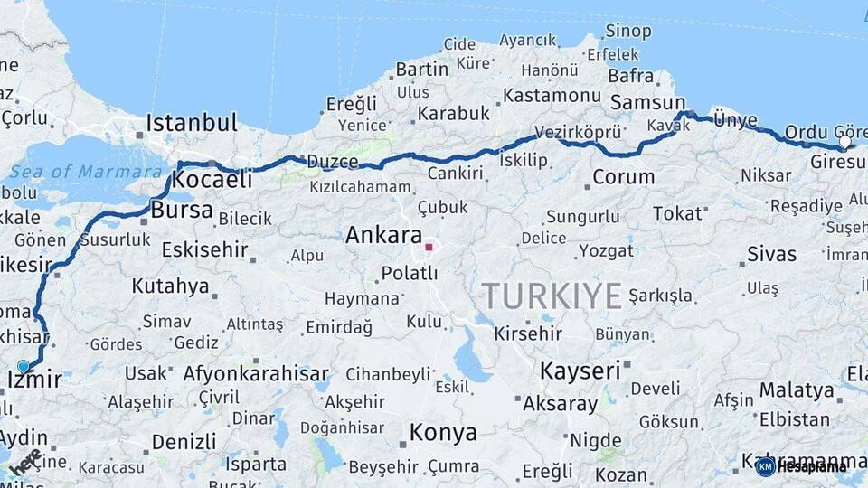 Manisa Giresun Arası Kaç Km - Yol Haritası