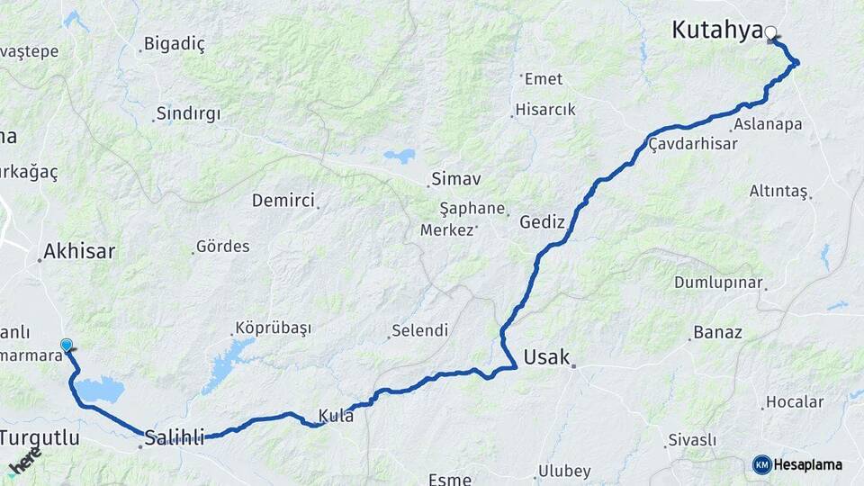 Manisa Gölmarmara Kütahya Arası Kaç Km - Yol Haritası
